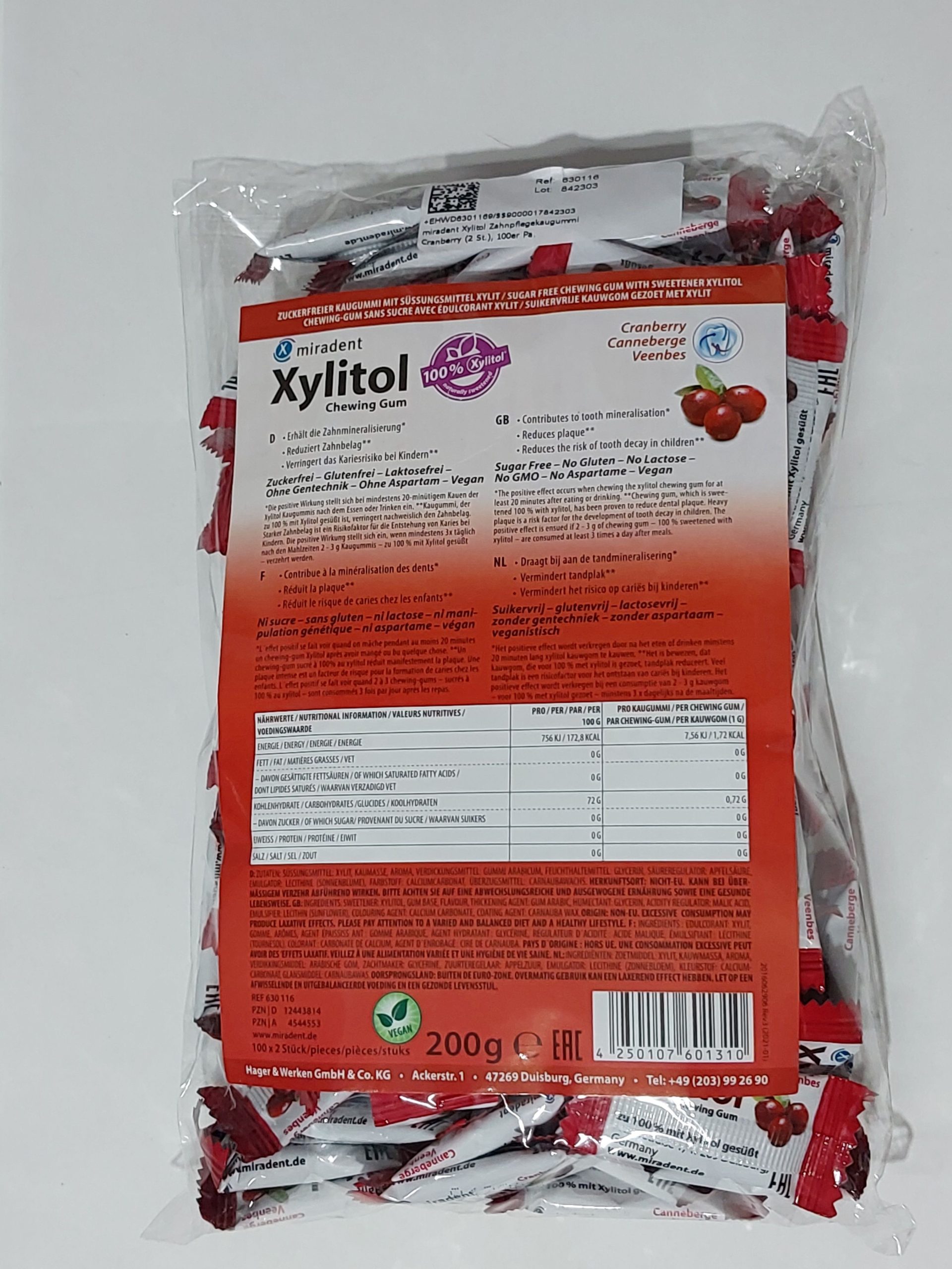 Chicle Xylitol Miradent bolsa 100x2 uds Sabor Arándano