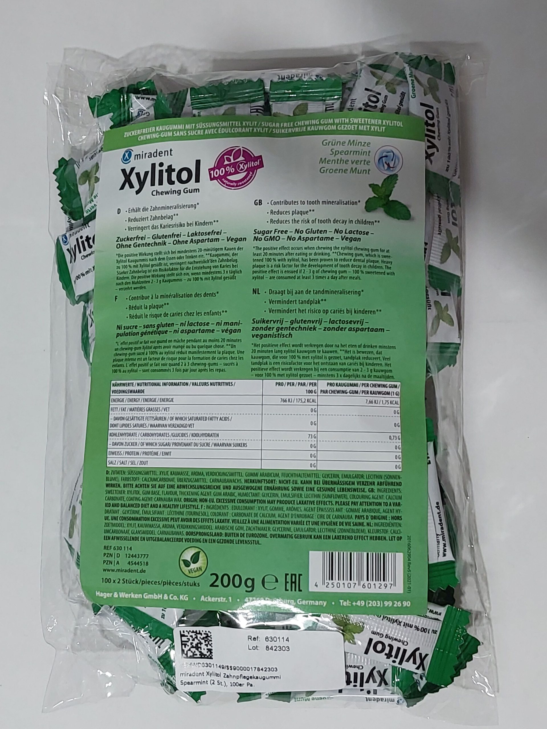 Chicle Xylitol Miradent bolsa 100x2 uds Sabor Hierbabuena