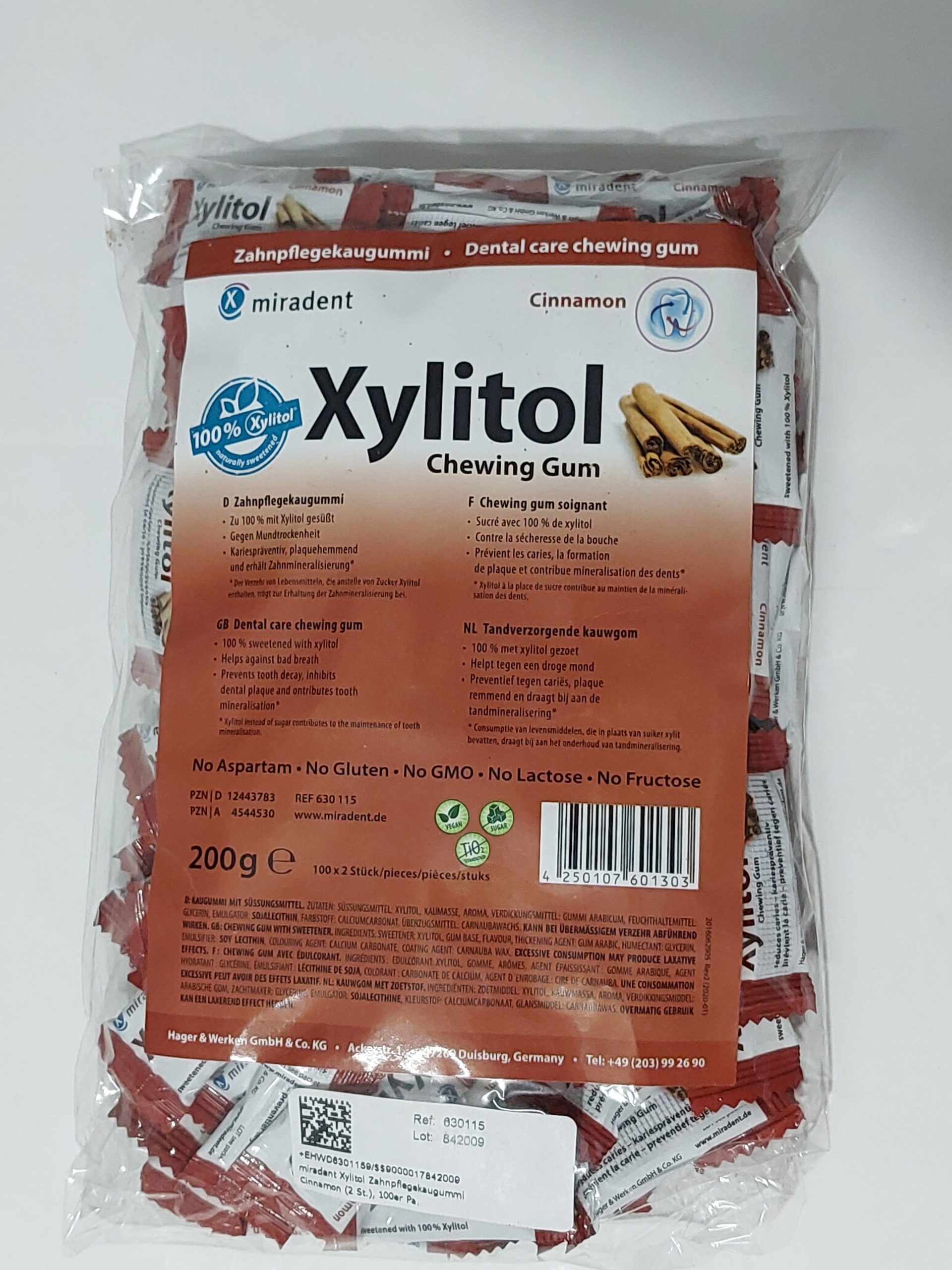 Chicle Xylitol Miradent bolsa 100x2 uds Sabor Canela