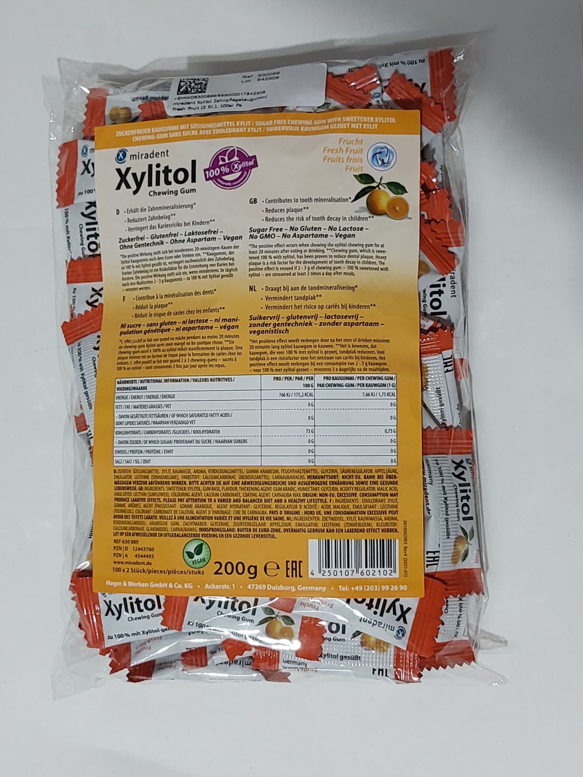 Chicle Xylitol Miradent bolsa 100x2 uds Sabor Frutas