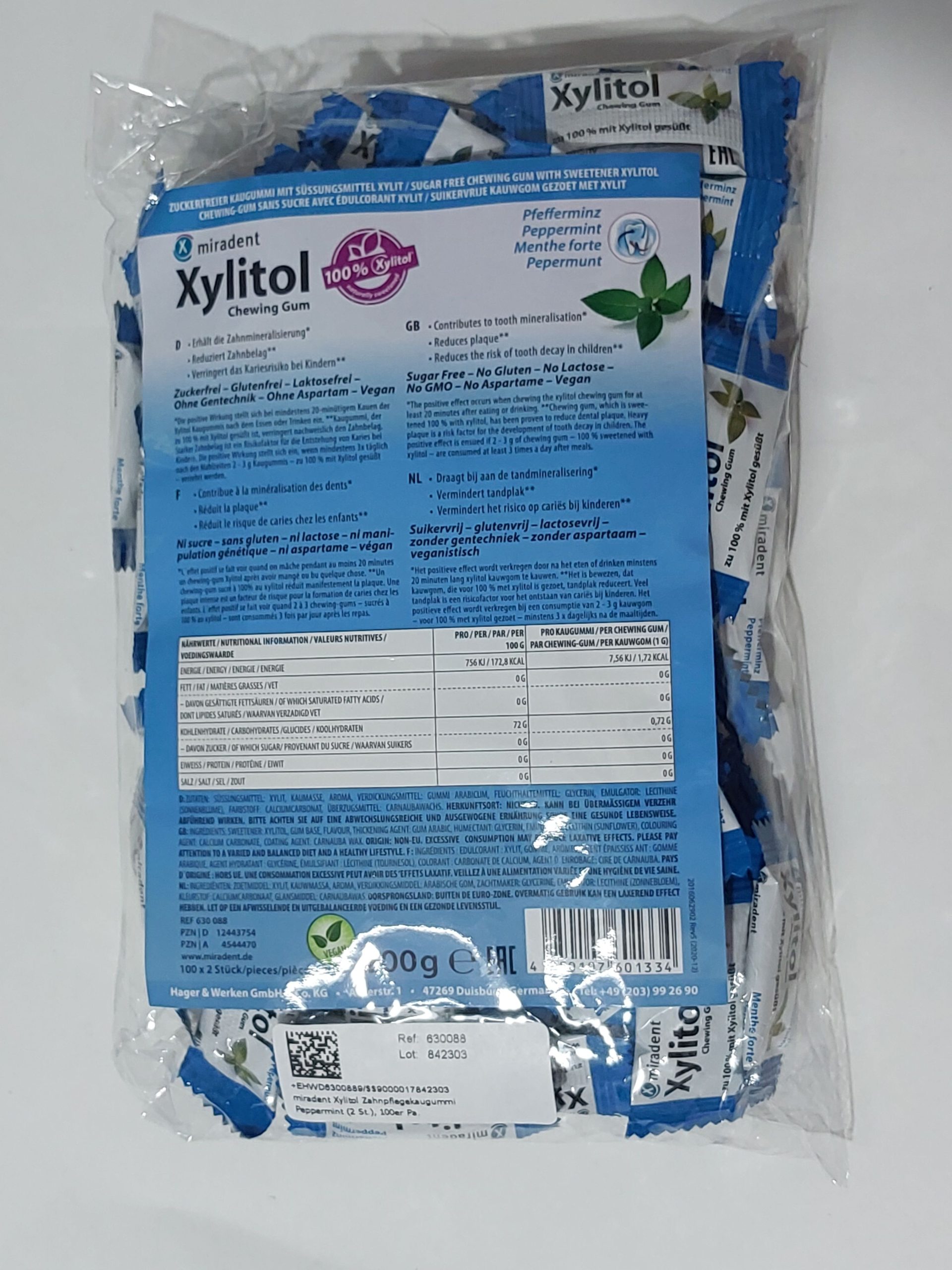 CHICLE XYLITOL MIRADENT BOLSA 100X2 UDS SABOR MENTA